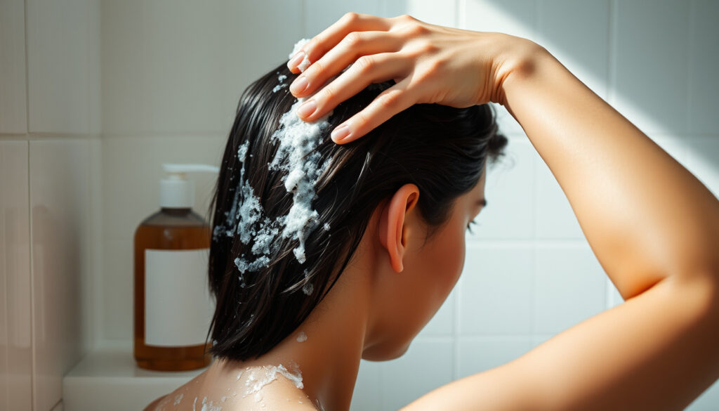 Henkilö pesee hiuksia suihkussa hieroen hiuspohjaa, kaapin reunalla yksinkertainen etiketitön shampoopullo.