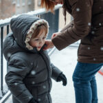 Lapsi pukee päälle paksua untuvatakkia lumisessa pihassa valmiina ulos lähtemään.