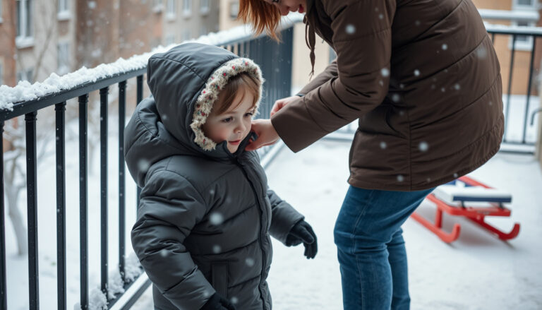 Lapsi pukee päälle paksua untuvatakkia lumisessa pihassa valmiina ulos lähtemään.
