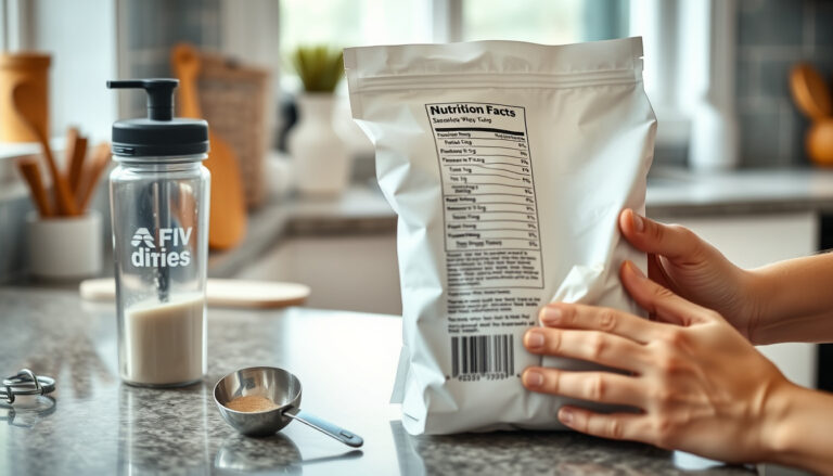 Avoin heraproteiinipussi, mittalusikka ja shakerpullo keittiön tiskillä, kun käsi lukee pakkauksen etikettiä.