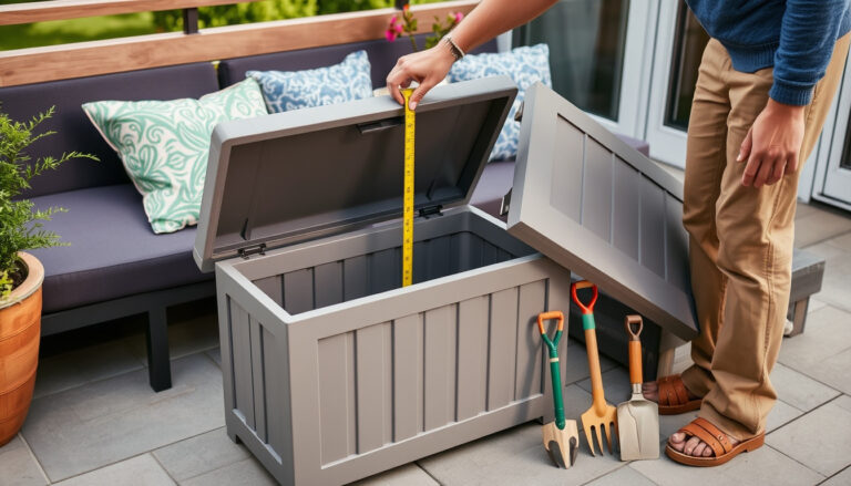 Cushions and garden tools beside a lidded outdoor storage box on a terrace, with a person checking measurements before buying.