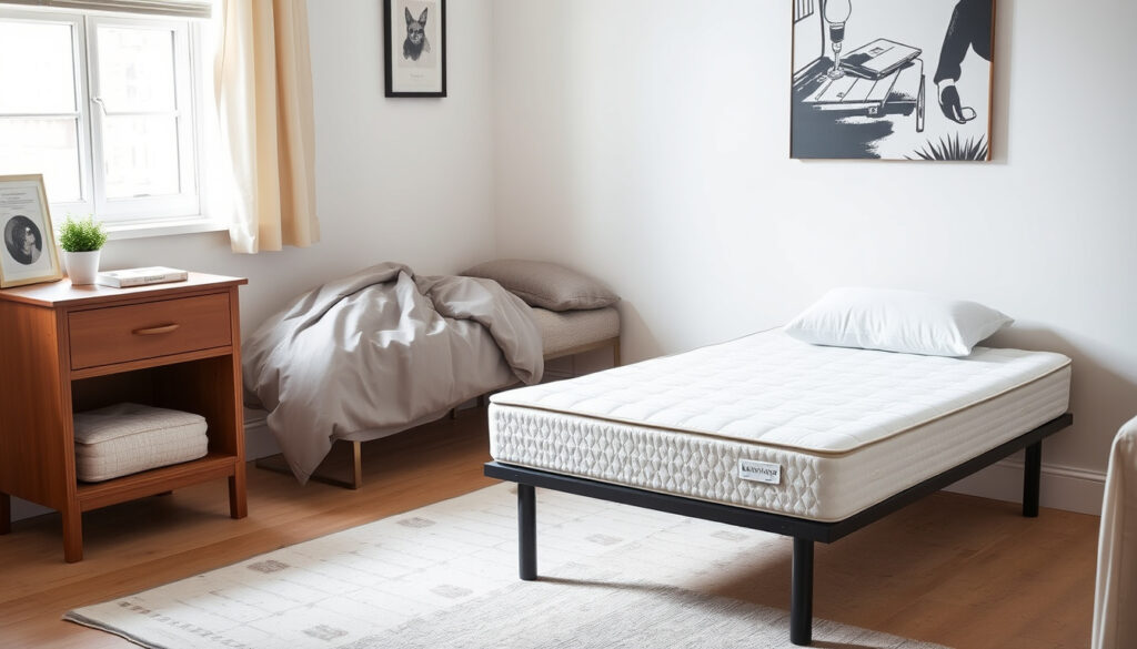Kapea 80x200 cm runkopatjasänky yksinkertaisella petauspatjalla pienessä makuuhuoneessa, jalat irrotettuina lähellä lattiaa.